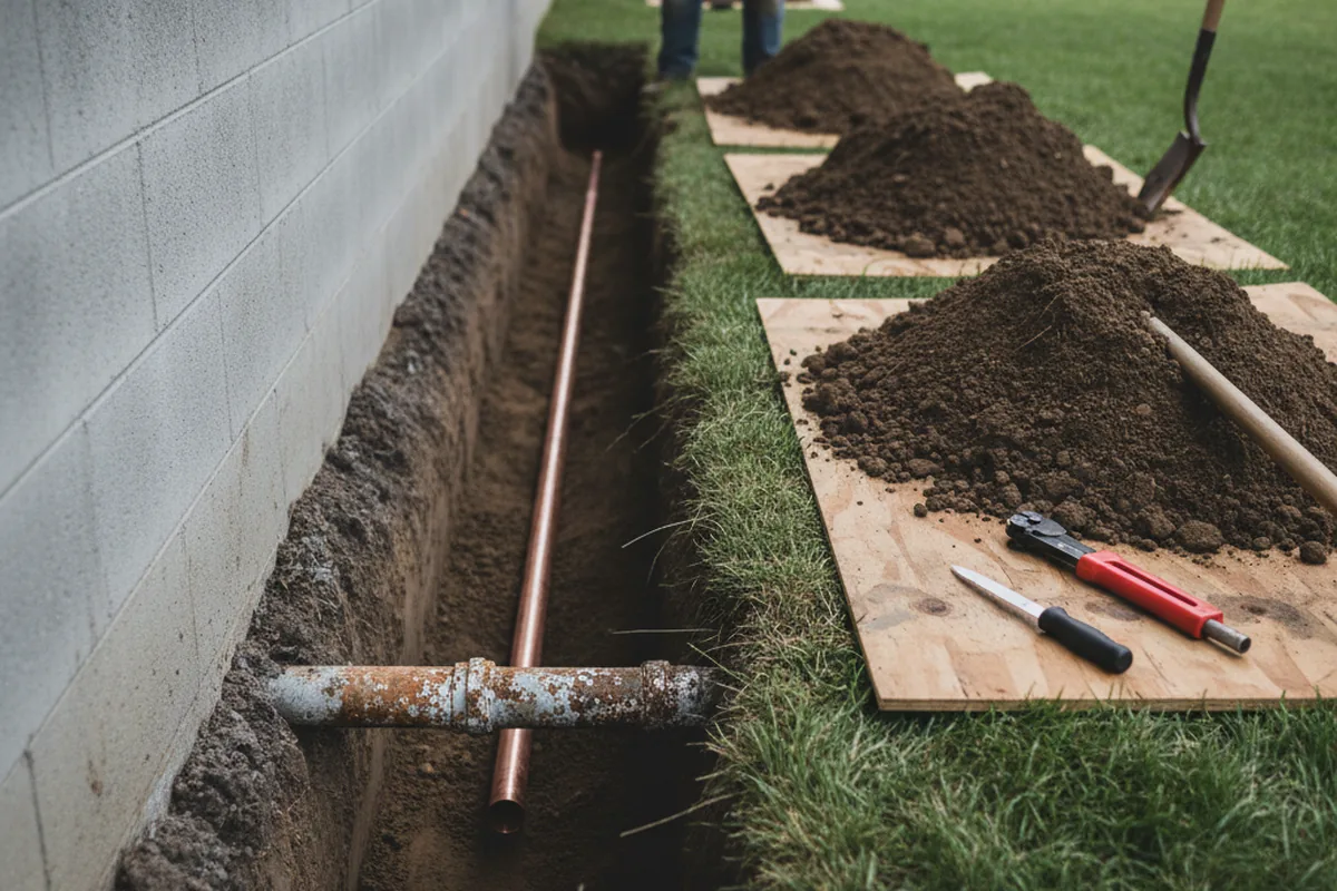Excavated water line trench during Water Softener Installation in Wyncote